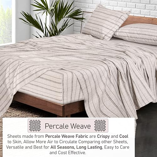 RUVANTI 100% Cotton Sheets – Twin Size Percale Bedding, Cooling & Breathable Floral Design, Durable with a Crisp, Soft & Comfortable Feel, 16" Deep Pocket, 3-Piece Set, Brown Stripes