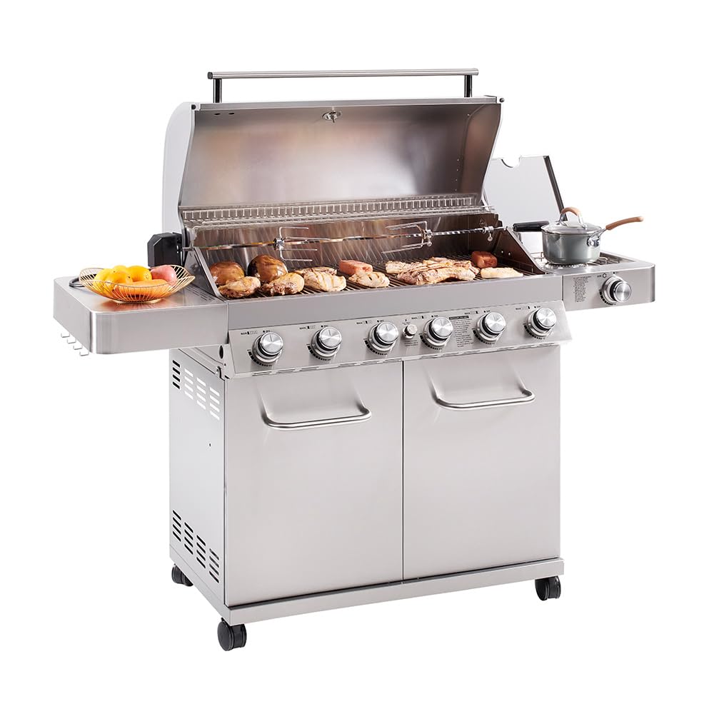 Monument Grills 77352 6-Burner Stainless Steel Cabinet Style Propane Gas Grill with Knob Controls, Side Burner, Built-In Thermometer, and Rotisserie Kit Monument Grills