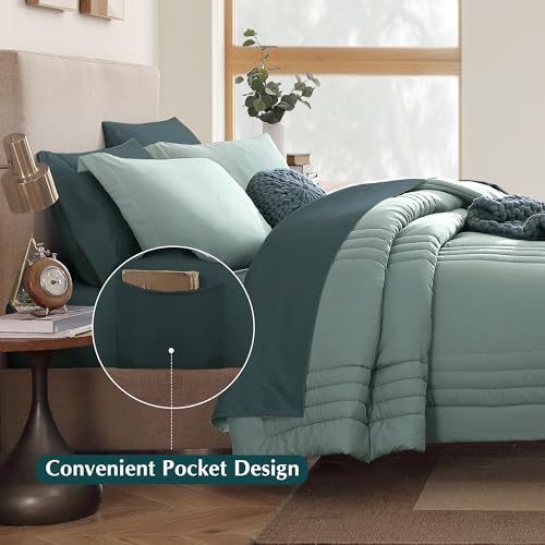 Monbix Full Size Comforter Sets - 7 Pieces Sage Green Bed in a Bag Full Size Bedding Sets with Comforter, Sheets, Pillowcases & Shams Monbix