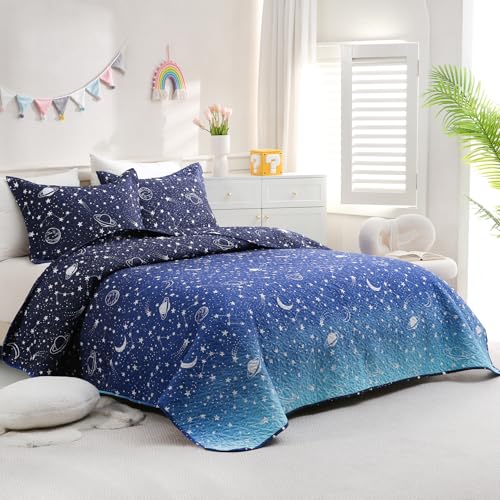 JSD Blue Stars Kids Quilt Set Full/Queen, 3 Piece Space Theme Boys Printed Bedspread Coverlet with Pillow Sham Quilted Blanket JSD