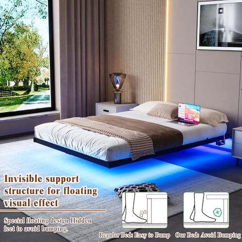 BOFENG Floating Bed Frame Full Size with LED Lights and Charging Station,Heavy Duty Metal Platform Full Size Bed Frame No Box Spring Needed,Nonslip,Noise Free,Easy Assembly BOFENG