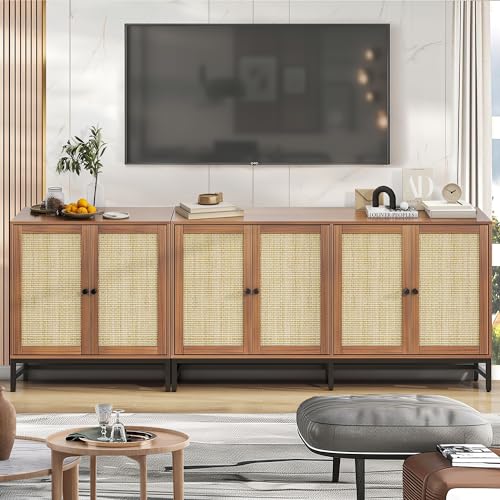 ZLWJGY Rattan Buffet Cabinet with Storage, 90.5" Large Sideboard Accent Cabinets with 6 Doors, Mid Century Modern Console Table Cabinet for Kitchen, Living Room and Dining Room, Walnut ZLWJGY