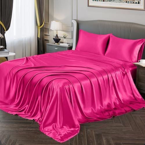 Vonty Satin Sheets Queen Size Silky Soft Satin Bed Sheets Hot Pink Sheet Set, 1 Deep Pocket Fitted Sheet + 1 Flat Sheet + 2 Pillowcases Vonty