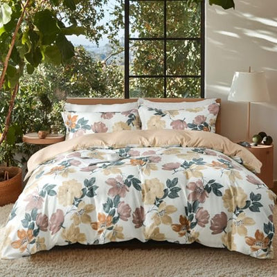 OAITE Duvet Cover King Size,Reversible Blooming Flower Orange Duvet Cover Set with Zipper Closure, 3 Pieces Modern Patterns Soft Microfiber Bedding Set with 8 Ties(104’’*90’’,2 Pillow Cases)