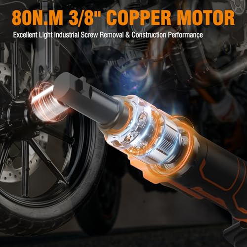 Protmex 3/8'' Cordless Ratchet Wrench, 60FT-LBS (80N.m) Electric Ratchet with 21V 2 X 2.0Ah Battery, 400 RPM Chargeable Power Ratchet Driver Set with 8 Sockets,1/4 Adaptor, 3" Extension Bar Protmex