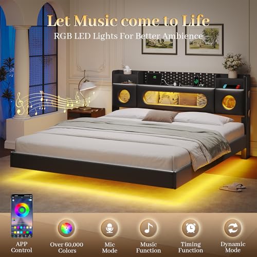 California King Bed Frames,Cal King Bed Frame with Hidden Storage Headboard & LED Light and Charging Station,Floating Bed Frame No Box Spring Needed,Leather Floating Bed Noise-Free,Easy Assembly BYSAUD