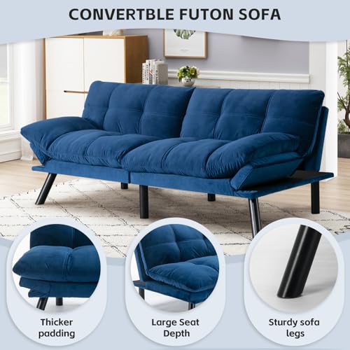 SoarFlash 67 Inch Futon Double Sofa Bed, 2 in 1 Velvet Loveseat Sofa with Adjustable Backrest for Living Room Bedroom Office Apartment Compact Couch(Blue) SoarFlash