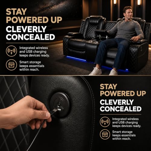 Power Reclining Sectional Sofa for Living Room, 3 Pieces Leather Recliner Sofa Set with USB Ports, LED Light, Wireless Charger & Storage Console, Living Room Furniture Sets with Home Theater Seating