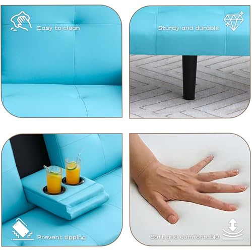 ODOLAR 67" Futon Sofa Bed,Convertible Sofa Bed with 2 Cup Holders,Sleeper Couch PVC Leather Removable Soft Armrest Small Couch for Living Room Apartments (Blue) ODOLAR