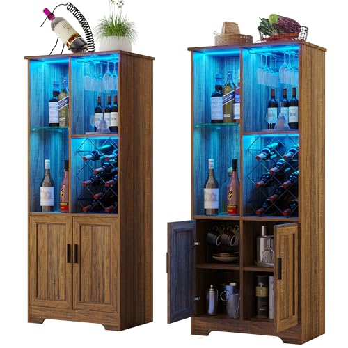 Kasibie Wine Cabinet, Wine Bar Cabinet with LED Lights, Liquor Cabinet with Glass Holder Wine Rack, Farmhouse Modern Liquor Cabinet with Storage for Home (Brown) Kasibie