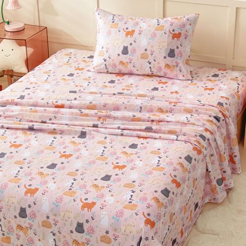 Swiftify Twin Sheet Set for Kids Girls, 3-Piece Bed Sheet Set for Toddler, Soft Brushed Microfiber Bedding, Deep Pocket, Wrinkle & Fade Resistant, Cute Cats Swiftify