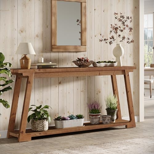 TRIBEWOOD Solid Wood Console Table, 63-Inch Long Couch Table Behind Sofa with 2-Tier Storage, Narrow Entryway Accent Furniture for Living Room, Hallway, Entrance, Foyer (Natural) TRIBEWOOD