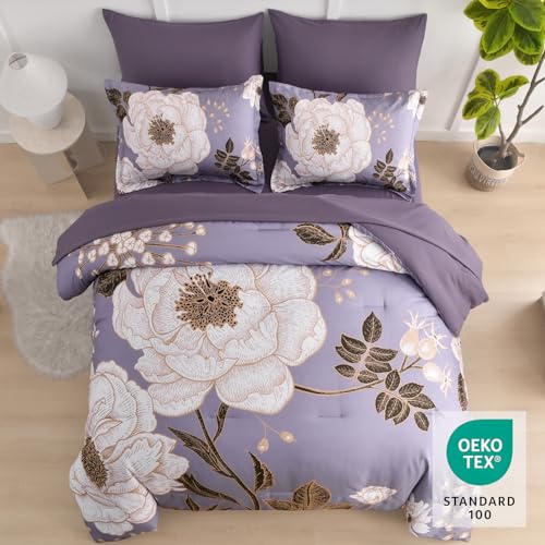 Luxudecor Floral King Comforter Set 7 Pieces Bed in a Bag, White Flower Print on Light Purple Bedding Set, Soft Reversible Comforter with Sheet Set 104"x90" Luxudecor