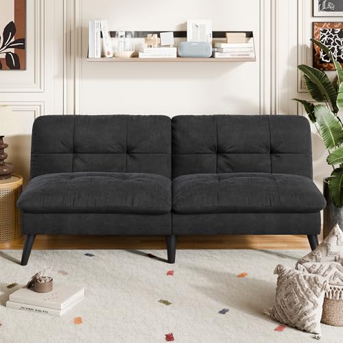 Shintenchi Convertible Futon Sofa Bed, Folding Velevt Set with Adjustable Backrest Recliner Lounge for Living Room, Apartment or Office, Solid Wood Frame, 3-Seater Sofa, Black Shintenchi