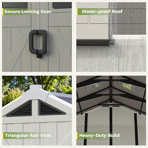 Greesum 10×8 FT Plastic Outdoor Storage Shed with Floor and Lockable Door, Resin Sheds with Windows and Skylights, Weather Resistant Organization for Garden, Lawn, Pool Supplies, Beige Greesum