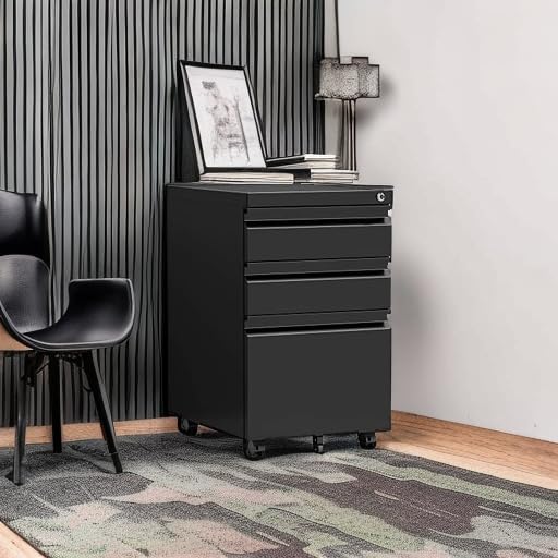 STANI 3 Drawer Mobile File Cabinet with Lock Under Desk Metal Filing Cabinet Locking Office Mobile Cabinet with Wheels Under Desk Office Drawers Rolling Mobile File Cabinet Assembly Required Black STANI