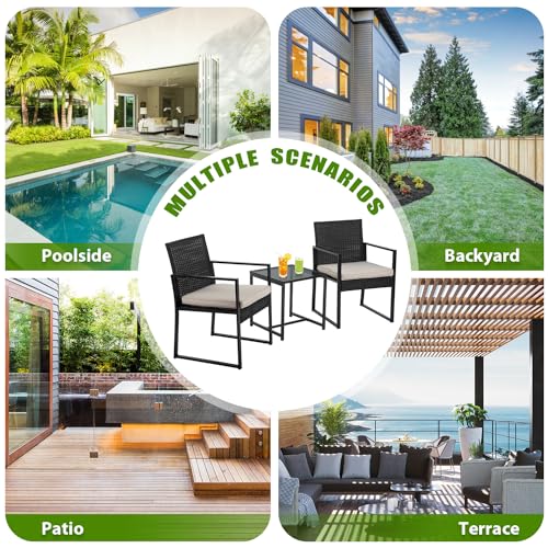 PayLessHere 3-Piece Rattan Wicker Bistro Set Outdoor Conversation Set Sturdy Frame Wicker Furniture with 2 Chairs Cushions Tempered Glass Table for Poolside Balcony Patio Bar Garden (Khaki) PayLessHere