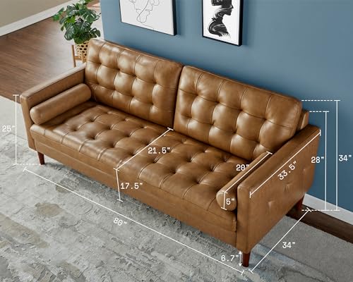 AMERLIFE Leather Sofa, Mid-Century Modern Genuine Leather Sofa, 3 Seater Comfy Couch for Living Room Home Office -Brown Leather Sofa Couch AMERLIFE