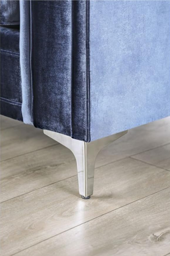 MASARA Contemporary Satin Blue Microfiber Sofa, 96 inch with Chrome Legs, Track Arms, Silver Accent Pillows MASARA
