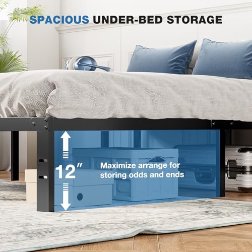 OLIXIS Metal Full Bed Frame - 14in High with Storage Space, No Box Spring Needed with Sturdy Steel Slat Support, 2200LBS Heavy Duty for Easy Assembly, Black for Bedroom OLIXIS