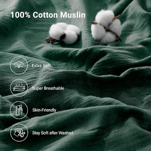 100% Muslin Cotton Emerald Green Fitted Sheet Twin Only with 16" Elastic Deep Pocket, 1 Pack Soft Breathable Absorbent Gauze Single Fitted Bottom Sheet, Minimalist Fluffy Wrinkle Mattress Protector YASMENG