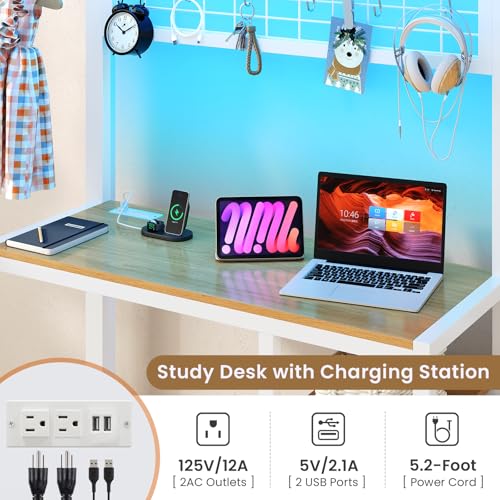 DICTAC Twin Over Twin Bunk Bed with Desk,Led Lights and Charging Station Metal L-Shaped Bunk Beds with Storage Drawers and Shelves, Loft Bed with Safety Guardrail and Ladder for Kids and Teen,White DICTAC