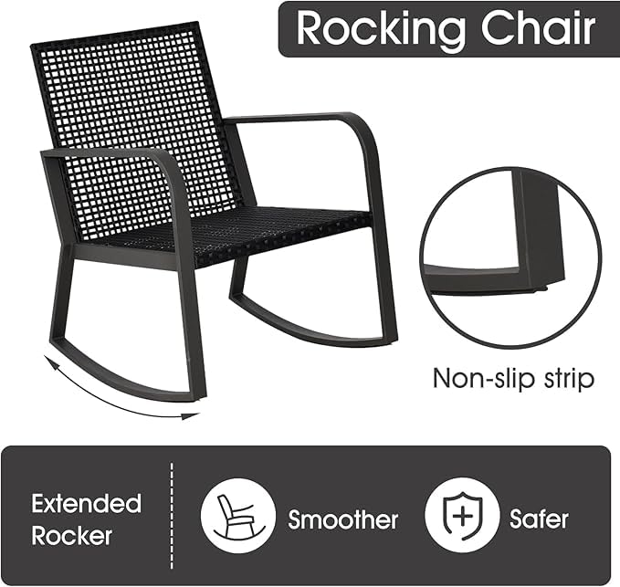 Temminkii Bistro 3 Piece Patio Furniture Set, Patio Table and Rattan Outdoor Rocking Chairs Set of 2, Outdoor Bistro Conversation Set for, Garden, Balcony, Poolside, Backyard, Beige Temminkii