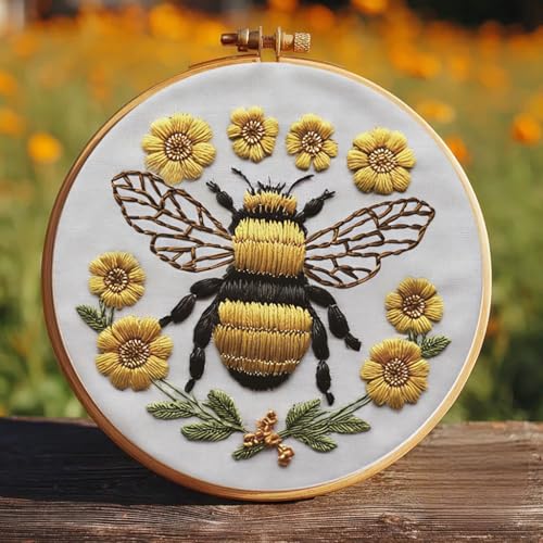 Huacan Embroidery Kit for Beginners Adults Includes Stamped Bee Pattern, Hoop, Color Threads,Tools,Easy to Follow Instruction