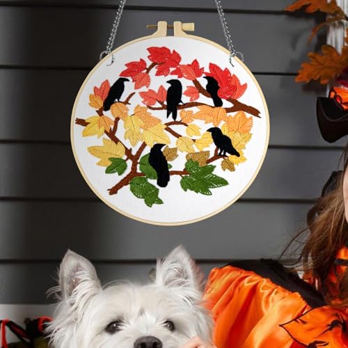 Fall Maple Leaf Embroidery Starter Kits for Beginners Adults, Halloween Stamped Cross Stitch Kit for Beginners Adults, Skeleton Embroidery Needlepoint Kit, 2 Embroidery Hoops (Attached Video Tutorial)