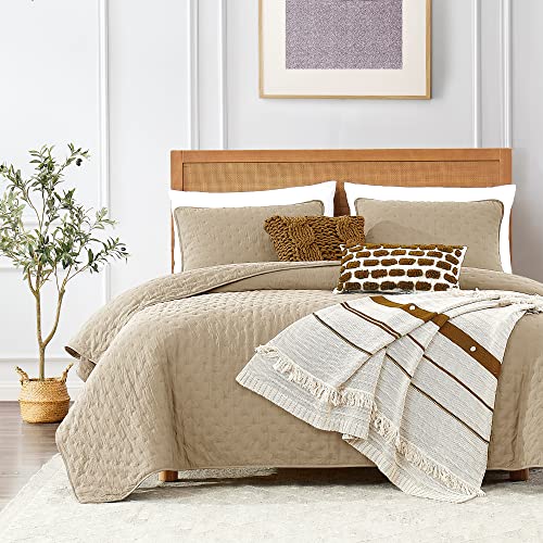 ROARINGWILD Beige Cloud Twin Size Quilt Bedding Sets with Pillow Sham, Farmhouse Lightweight Soft Bedspread Coverlet, All Season Rustic Country Thin Comforter, 2 Pieces, 68x90 inches, Tan Cream ROARINGWILD