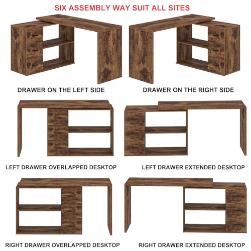 HSH L Shape Home Office Desk with Drawers, L-Shaped Computer Desk with Storage Cabinet Shelves, Wood Executive Desk for Writing Work, Reversible Study Table in Bedroom Living Room, Rustic Brown, 55 In HSH
