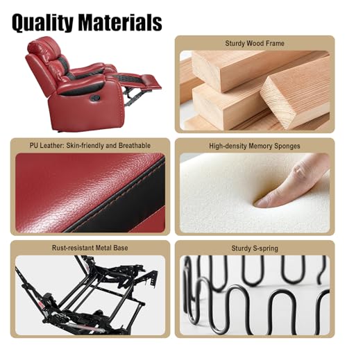 VireoNest Leather Rocker Recliner Chair 350lb Capacity, Tool-Free Assembly, Recliner Chair with Overstuffed Armrest, Manual Reclining Chairs for Living Room, Bedroom, Home Theater Seating (Red)