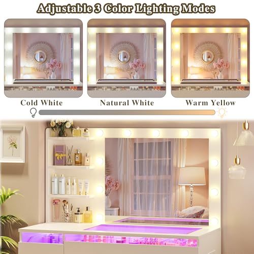HUAHUU Vanity Desk with Lighted Mirror & Transparent Top, Makeup Vanity Desk with 4 Transparent Drawers and RGB Lighting, Built-in Power Outlet, 3-Tier Side Shelves & Storage Organizer for Bedroom HUAHUU