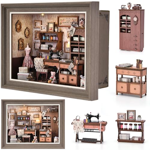 Book Nook Kit - 3D Wooden Puzzle with LED Switch Control & Wall-Mountable Frame,DIY Miniature House for Beginners,Bookshelf/Tabletop/Wall Decor for Craft Lovers,Dollhouse Gift (Lily Sewing Shop)