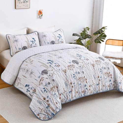 Dobuyly Blue Quilt California King Size Floral Botanical King Quilt Bedding Set 3 Pieces Soft Lightweight Microfiber Flower Bedspread Coverlet Set for All Season, 112"x96" Dobuyly