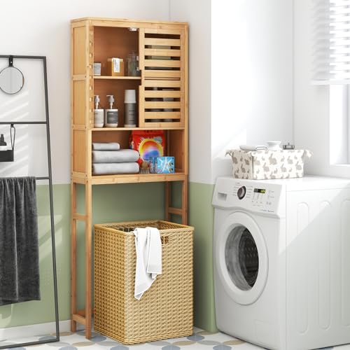 Tangkula Over The Toilet Storage Cabinet, Tall Natural Bamboo Bathroom Shelf Over Toilet with 2 Doors & Open Shelf, Freestanding Toilet Bathroom Space Saver, 24.5 x 9 x 67 Inch (Natural) Tangkula