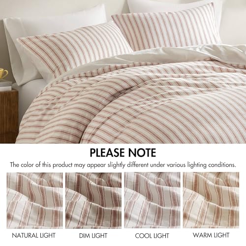 Madison Park Duvet Cover Set for Hot Sleepers - Linen Cotton Rayon Blend, King Size 3 Piece Set with Shams - Lightweight & Breathable Bedding, Terracotta Striped Design Madison Park