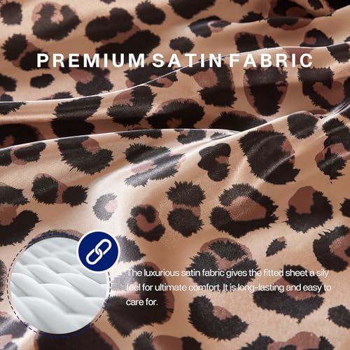 MR&HM Satin Fitted Sheet Twin XL Size, Silky Bottom Sheet with Elastic Corner Straps, Deep Pocket up to 15 Inch, No More Slipping Off for Mattress - 1 Fitted Sheet Only (Brown Leopard) MR&HM