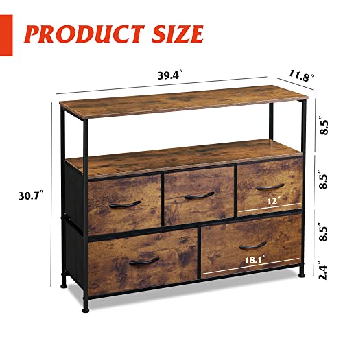 WLIVE TV Stand Dresser for Bedroom with 5 Fabric Drawers, Entertainment Center with Open Shelf and Power Outlet for 45 inch TV, Media Console Table with Storage for Closet, Living Room, Rustic Brown WLIVE