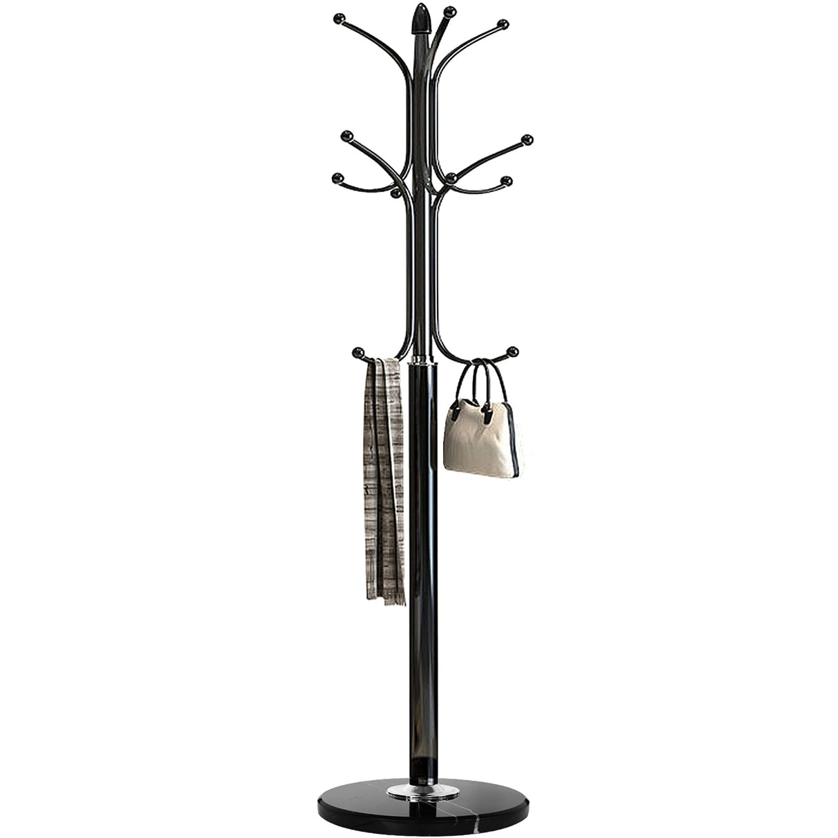 Kertnic Metal Coat Rack Stand with Natural Marble Base, Free Standing Hall Tree with 12 Hooks for Hanging Scarf, Bag, Jacket, Home Entry-way Hat Hanger Organizer (Black) Kertnic