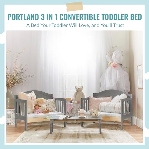 Dream On Me Portland 3 In 1 Convertible Toddler Bed in Steel Grey, Greenguard Gold Certified, JPMA Certified, Low To Floor Design, Non-Toxic Finish, Pinewood Browell