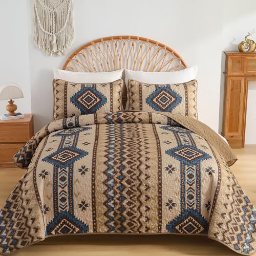 Dintszyayue Boho Quilt Set King Size,3 Pieces Aztec Texture Bedspread Brown Southwestern Coverlet Set Soft Lightweight Bed Cover for All Season Microfiber Bedding with 2 Pillowcases(Brown,104"x90") Dintszyayue