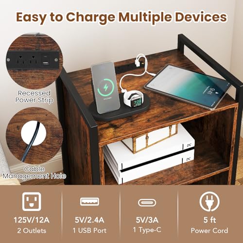 Giantex Record Player Stand with Charging Station, Mobile Turntable Stand with Record Storage & 4 Rolling Wheels, 3-Tier Vinyl Record Storage w/ Open Shelves & Dividers for Living Room, Rustic Brown Giantex