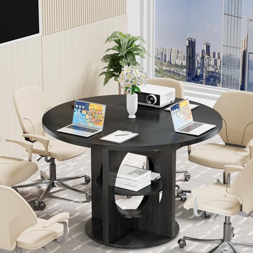 Black Extendable Round Conference Room Table for 4-6, 43-59 Inch Oval Meeting Room Table with Storage, Wooden Circle Desk with Leaf, Space Saving, for Office, Conference Room, Boardroom, Seminar Xyulmeo