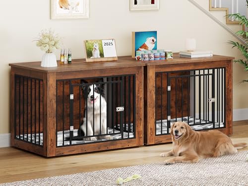 YITAHOME 76 Inch Double Dog Crate Furniture, XXL Dog Crate Furniture for 2 Dogs, Side End Table, Waterproof, Safety Corners, 2-in-1 Iron-Wood Fusion Dog Kennel Furniture for 2 Large Dogs,Rustic Brown YITAHOME