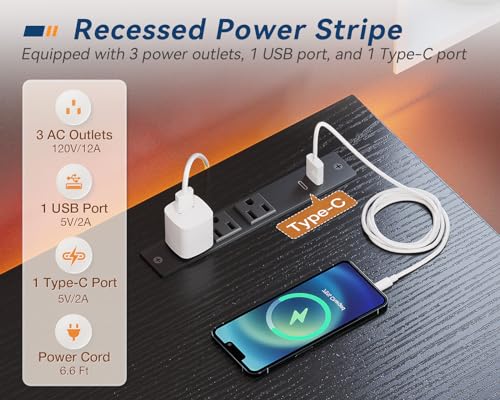 KKL Small Desk with Power Outlets and USB Port Computer Desk for Home Office Gaming Simple Modern Style Writing Desks with Storage Bag Headphone Hook, 48 inch, Black KKL