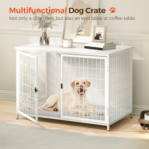 MAHANCRIS Dog Crate Furniture with Cushion, Wooden Dog Kennel with Double Doors, Heavy Duty Dog Cage for Small/Medium/Large Dogs, Indoor Dog House End Table, 39.4" L, White DCBW10701 MAHANCRIS