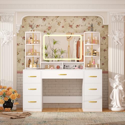 Vanity Desk with LED Mirror and 360 Rotating Makeup Organizer Shelves, White Makeup Vanity with Lights & Charging Station, Large Vanity Table with 6 Storage Drawers Bedroom Makeup Desk for Women Girls CSZZD