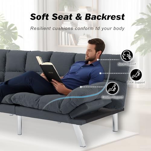 Modern Corduroy Sofa Bed Futon,Convertible Sleeper Bed Couch with 4 Reclining Backrest &Armrest,68" Comfy Cloud Sofa Loveseat for Small Living Room Office (Grey) Anwick