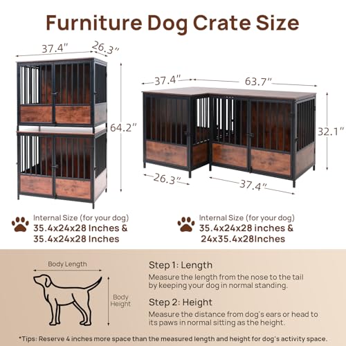 75" Wooden Dog Crate Furniture – Chew-Resistant Kennel for Medium/Large Breeds,3-Door Indoor Kennel with 3.1" Raised Feet, Multi-Functional TV Stand & End Table (Brown, 75 * 26.3 * 32.1 inch) walnest